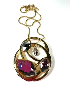Swarovski Necklace Crystal Pink Clear Pendant Large Signed Scroll Plated - Picture 1 of 11