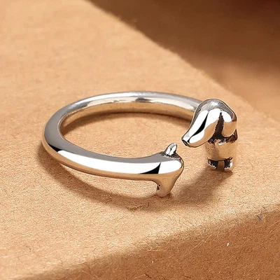 Anillo de plata esterlina Dachshund perro ajustable abierto animal mascota banda mujer joyería Foto 1 de 4