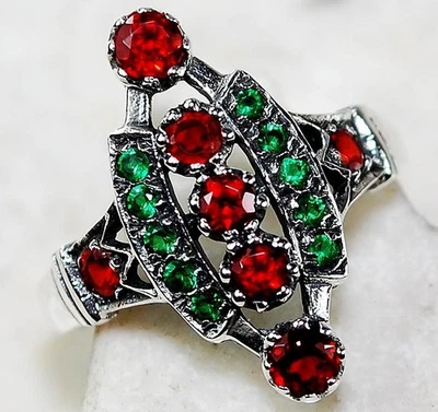Anillo de filigrana de plata de ley 925 granate de fuego natural y esmeralda de 1 quilate talla 6,7,8 US1 Foto 1 de 3