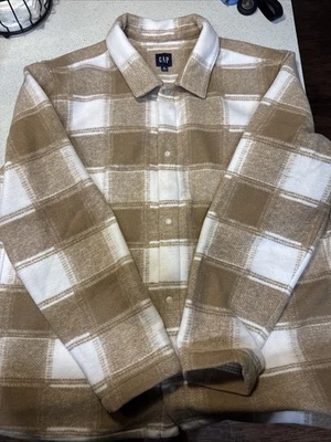 GAP Mens Flannel Brown White Check Plaid Snap Button Jacket Size XL - Image 1 of 3