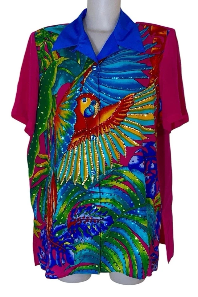 Top túnica psicodélica con cuentas de loro tropical de seda talla 1X de Diane Gilman de colección para mujer Foto 1 de 4