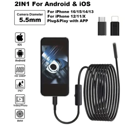 Endoscopio endoscopio para cámara delgada de 5,5 mm para iOS iPhone 17/16/15/14 herramienta impermeable Foto 1 de 4