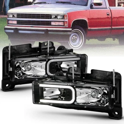 Chrome Clear Lens Crystal Headlight Set w/Light Bar for 91-99 Chevy C3500HD - Image 1 of 4