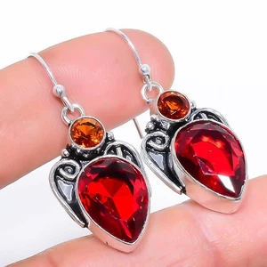 Garnet Gemstone 925 Sterling Silver Earring 1.7" C560 - Picture 1 of 8
