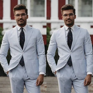 Himmelblau Seersucker Herren Anzüge Sommer Formell Business Hochzeit Bräutigam Smoking 2-teilig - Bild 1 von 13
