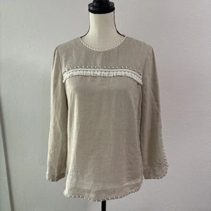 J Crew 110 $ besticktes Leinentop 3/4-Ärmel beige weißer Besatz entspannt Gr. 6 - Bild 1 von 8