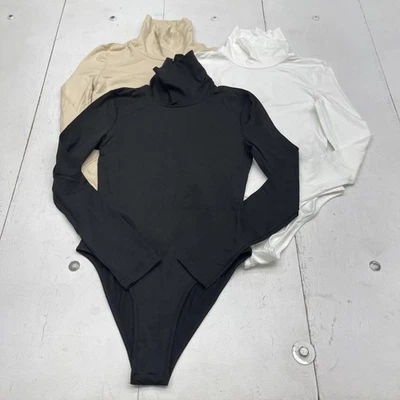 SHEIN Bodysuit Womens XS Turtleneck Long Sleeve 3 Pack Black White Beige Stretch - Image 1 of 4