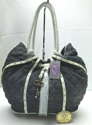 Sharif Gray Canvas White Leather Quilted Studded Double Handle Shoulder Bag -NWT - Image 1 of 4