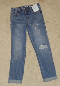 Cat & Jack Girls Jeans Flowers Stretch Adjustable Waist Size 8 NEW - Picture 1 of 5