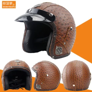DOT Vintage Open Face Motorcycle Helmets Scooter Leather Helmet with Face Mask - Picture 1 of 28
