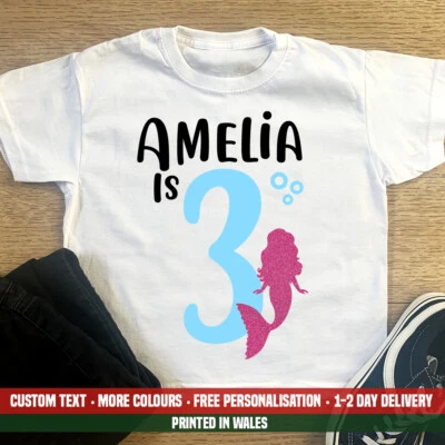 LLAN TEES Kinder T-Shirt Name Meerjungfrau Alter 3 Geburtstag Disney Die kleine Party Mädchen Geschenk Top