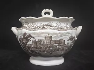Antique Soup Tureen Brown Transferware Castle Boats Cows Farm Trees Scenery - Picture 1 of 23
