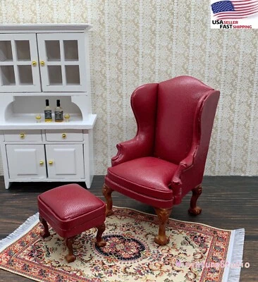 ARTLEER MINIATURE 1/12 Dollhouse Miniature Furniture 2pcs Red Leather Single Sofa&Ottoman Set