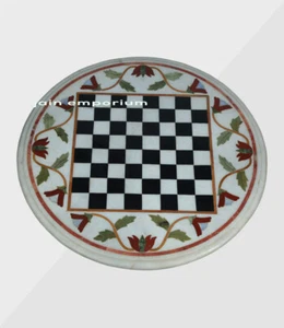13'' white round Marble Chess Table Top with Inlay Art children game Table - Picture 1 of 4