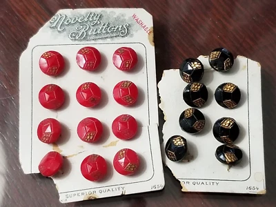 20 Total Vintage Antique Buttons on Card Black & Red with Gold Lot Shank - Image 1 of 4