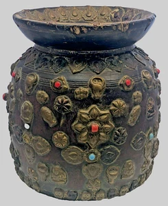 Nepalese Container 20th Century wood bronze brass turquoise features 7in h 6 di - Picture 1 of 5