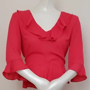 TOPSHOP Ruffle Blouse Peplum Hot Pink Crepe Top 3/4 Sleeve Size 8 NWT - Picture 1 of 3
