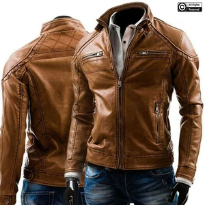 Chaqueta de cuero genuino vintage retro para motociclista de calce ajustado para hombre - Imagen 1 de 10