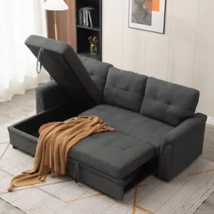 Grey Fabric 3 Seater Pull-Out Reversible Chaise Corner Sofa Bed with Storage - Picture 1 of 8
