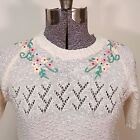 Vintage 80s Nubby Knit Short Sleeved Sweater Floral Embroidery Size Small