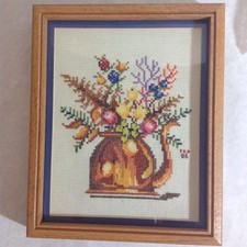 Vintage floral Completed Counted Cross Stitch Picture Teapots Custom Framed