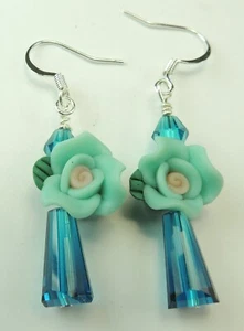 Turquoise Crystal &  Flowers Earrings Handmade Statement Chic Jewelry - Picture 1 of 1