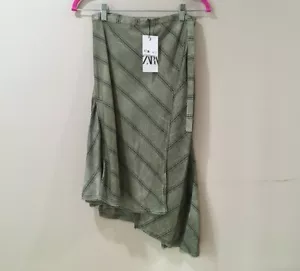 ZARA WOMAN HIGH-WAIST ZW COLLECTION Pareo MIDI SKIRT Green Striped Size M NEW - Picture 1 of 7