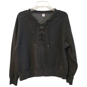 Old Navy Lace-Up Crew Neck Sweatshirt Semi-Cropped Charcoal Fleece Size Medium - Picture 1 of 7
