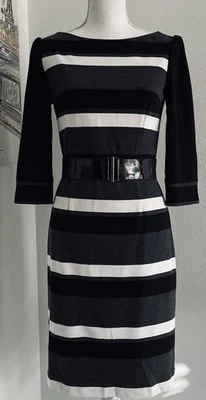 WHITE HOUSE BLACK MARKET Black Gray White Stripe Knit Belted Dress  | Size 6 - Image 1 of 4