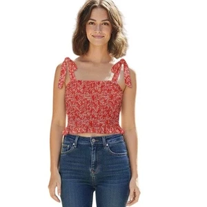 Camiseta sin mangas Japna roja floral peplum con lazo al hombro XS - Imagen 1 de 10