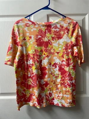 Charter Club Pima Algodón Lujo Cuello Barco Camiseta Mujer Grande Floral Naranja Rojo Foto 1 de 4