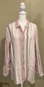 J Jill Love Linen Shirt Blouse Essential Pink Gray Striped L/S Size Large L - Picture 1 of 5