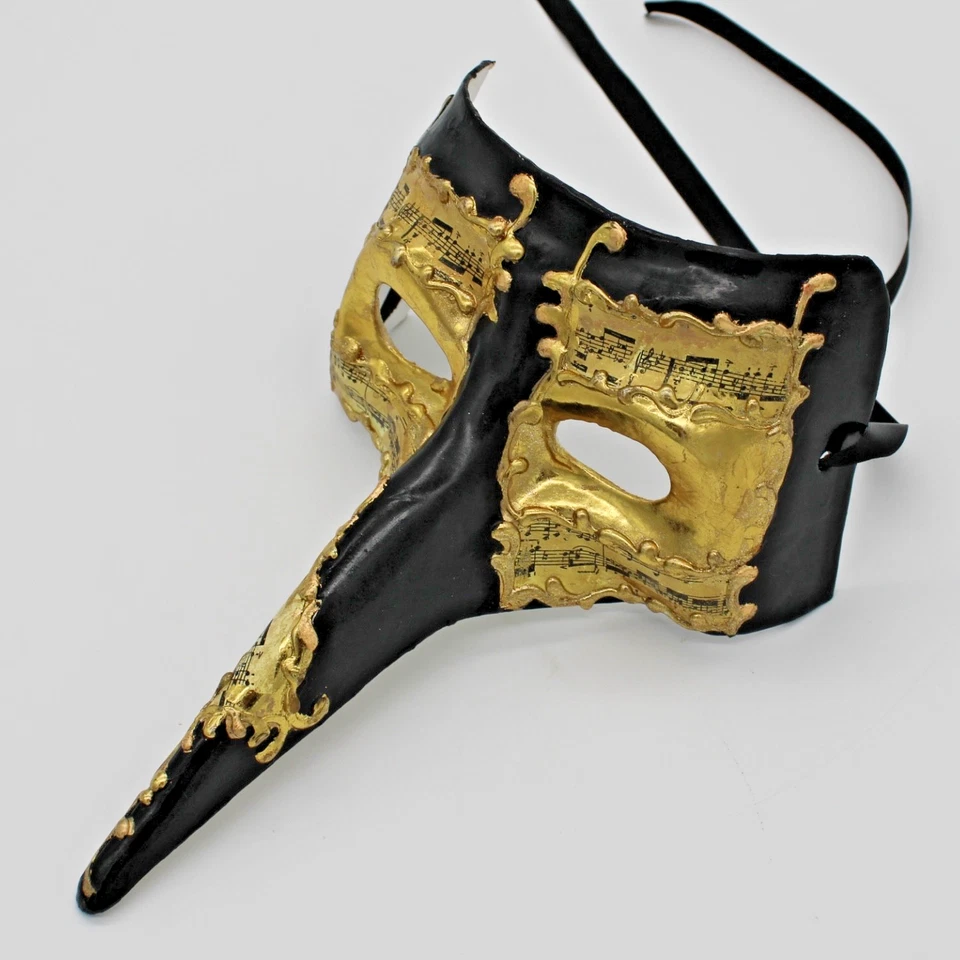 VTG Authentic Venetian Paper Mâché Long Nose Masquerade Mask  Black & Gold-Leaf - Image 1 of 4