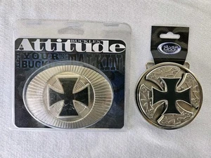 Lot of 2 Iron Cross Belt Buckles   Attitude & Silver Moon Belt Buckle NWT - Picture 1 of 6