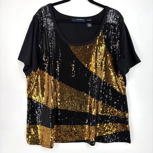 Denim 24/7 Damen Größe 1X T-Shirt schwarz gold Pailletten Rundhalsausschnitt kurze Ärmel - Bild 1 von 8