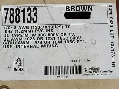 Alpha провод 788133 #8awg луженый медный соединительный/свинцовый провод AWM MTW 600 В коричневый /5 футов - Изображение 1 из 4