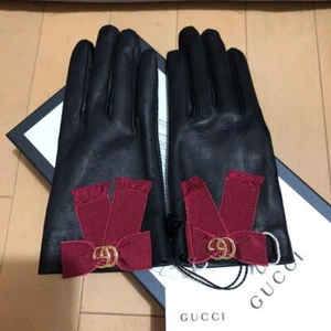Gucci Gloves Black Red GG Ribbon Lambskin Ladies Size 7 From Japan - Picture 1 of 2