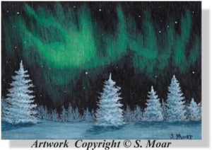 Nordlicht Himmel Bäume Landschaft Landschaft ACEO Limited Edition Kunst Mini Druck - Bild 1 von 1