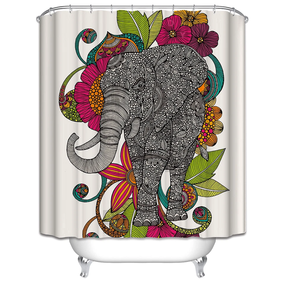 ELEPHANT SHOWER CURTAIN Colorful Flowers Tribal Design Boho Pattern - Изображение 1 из 1