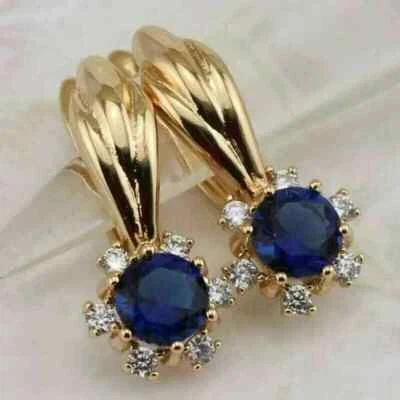 3.Ct Round Lab-Created Sapphire Drop/Dangle Women Earrings14K Yellow Gold Plated - Image 1 of 4