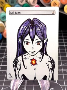 SOL RING - MTG *Altered Hand Painted Original Art Anime - Purple Hair Waifu - Picture 1 of 7