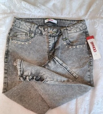 NWT GIRLS 12 BONGO DARK ACID WASHED JEANS WITH LIME GREEN STITCHING DETAIL/STUDS - Image 1 of 4