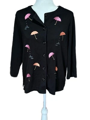 Breckenridge Women’s Black Sweater Cardigan Embroidered Umbrellas Bedazzled L Foto 1 de 4