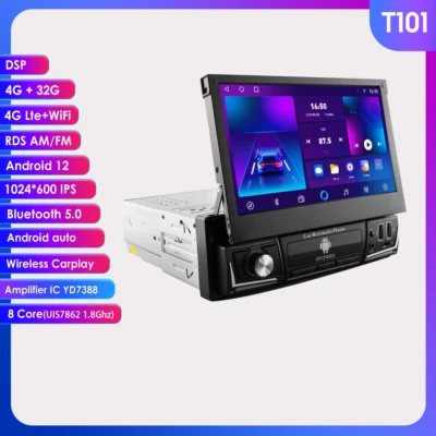8Core 4GB+32GB Single 1DIN 7" Flip Out Android 12 Car Stereo Radio GPS NAVI WIFI - Image 1 of 4