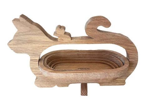 Authentic John Keim Pear Tree Basket Collapsible Accordian Wooden Cat Bowl Wood Cover