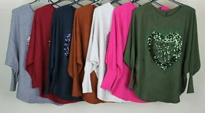New Ladies Lagenlook Sequin Heart Design Batwing Sleeve Comfy Ribbed Knit Jumper - Picture 1 of 17