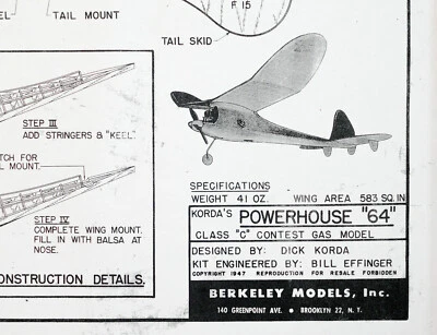 Berkeley POWERHOUSE 64 PLAN +PARTS PATTERNS to Build Dick Korda’s Model Airplane - Image 1 of 4