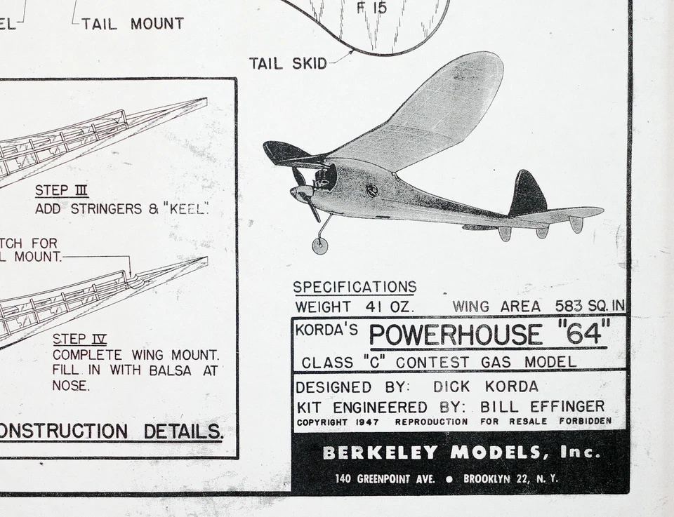 Berkeley POWERHOUSE 64 PLAN +PARTS PATTERNS to Build Dick Korda’s Model Airplane - Image 1 of 4