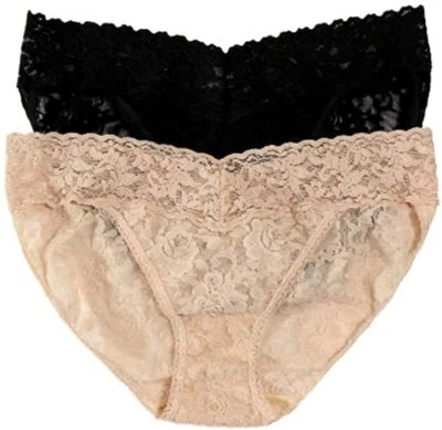 Paquete de 2 ropa interior Hanky Panky negro/chai firma encaje V-Kini talla S L1839 Foto 1 de 2
