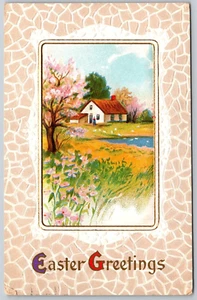 Postcard Easter Greetings Country Cottage Spring Scene Giraffe Pattern - Bild 1 von 2